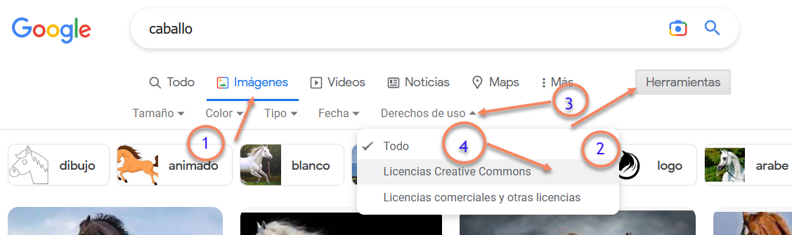 Secuencia para seleccionar imágenes con licencias de uso en una búsqueda en Google.