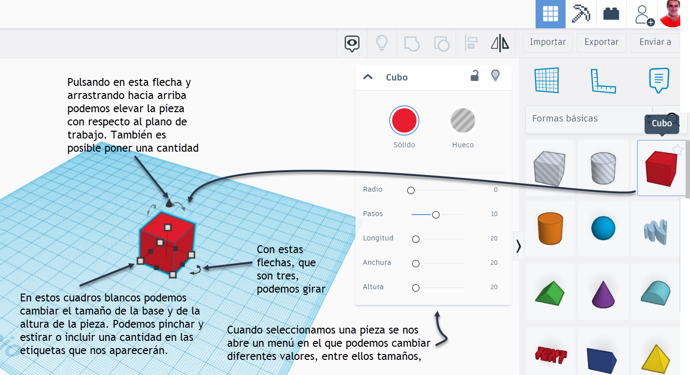 Descripción de las modificaciones que se pueden hacer sobre un cubo insertado en el plano de trabajo.