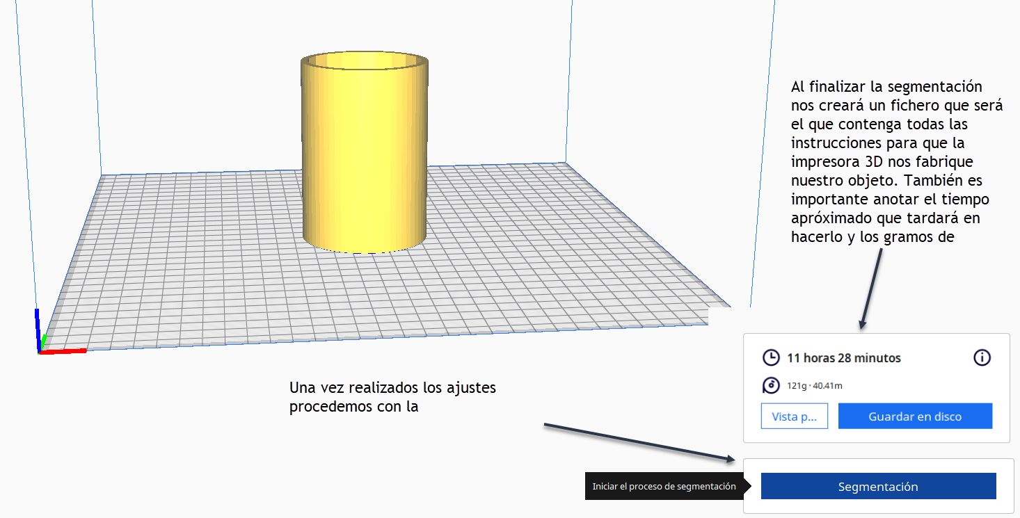 Finalizada la segmentación, nos crea un fichero a guardar en el lugar que decidamos, el tiempo que tardará en imprimir y la cantidad de material que utilizará.