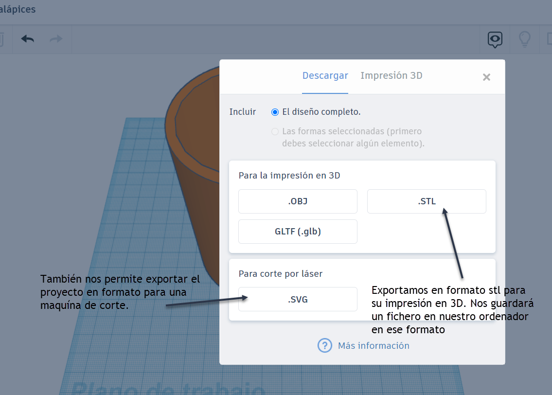 Exportamos el proyecto eligiendo el formato "stl" y nos creará un fichero en nuestro ordenador con ese nombre.