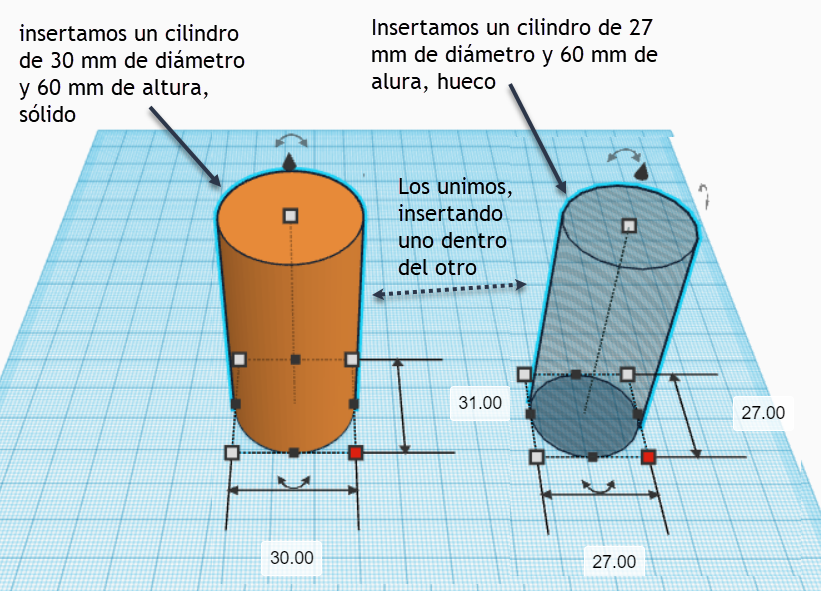 Aparecen dos cilindros uno sólido de 30 mm de diámetro y 60 mm de altura, y otro hueco de 27 mm de diámetro y 60 mm de altura.